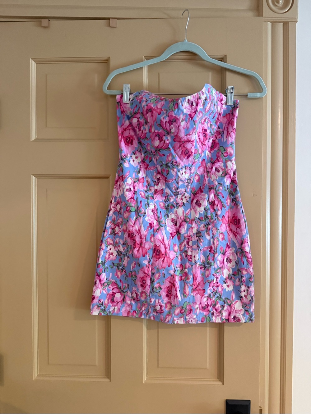 Fashion Nova Blue and Pink Floral Strapless Dress